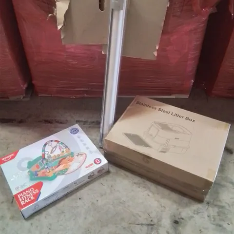 PALLET OF ASSORTED HOUSEHOLD GOODS AND PRODUCTS TO INCLUDE;PIANO FITNESS RACK, STAINLESS STEEL LITTER BOX, BLINDS, TOILET SEAT AND OTHER ASSORTED ITEMS...