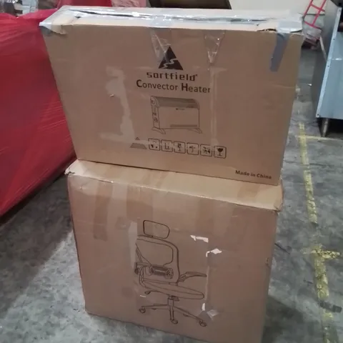 PALLET OF ASSORTED HOUSEHOLD ITEMS AND CONSUMER PRODUCTS TO INCLUDE; OFFICE CHAIR, CONVECTOR HEATER, BABY PLAYPENS, BOXED FURNITURE ETC 