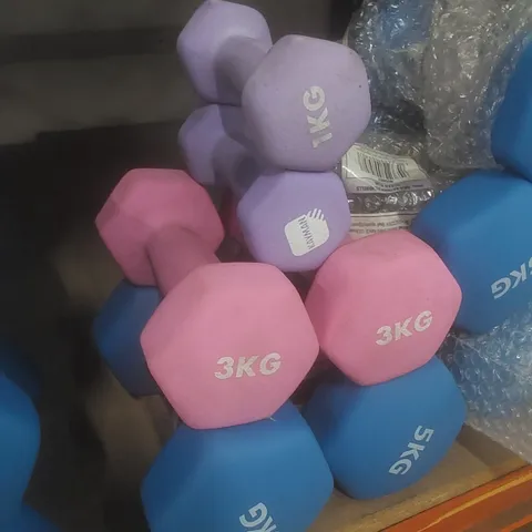 SET OF 6 KAYMAN DUMBBELLS - COLOURS VARY // 2 X 5KG, 3KG, 1KG