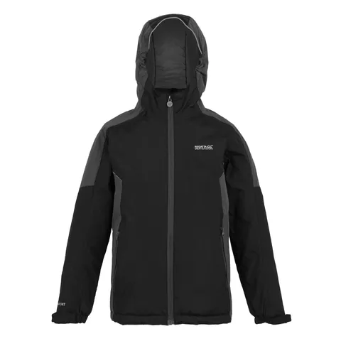 BRAND NEW REGATTA KIDS HURDLE V WATERPROOF JACKET IN BLACK/SEAL GERY SIZE UK 5-6 YEARS