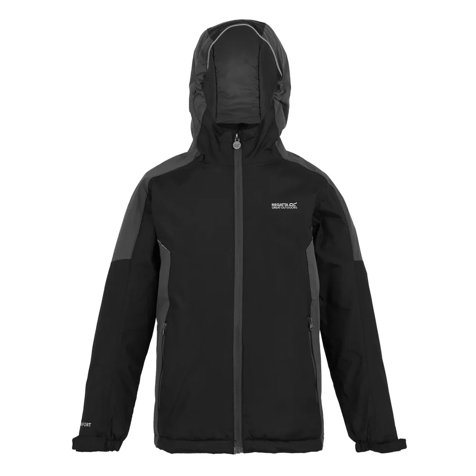 BRAND NEW REGATTA KIDS HURDLE V WATERPROOF JACKET IN BLACK/SEAL GERY SIZE UK 5-6 YEARS