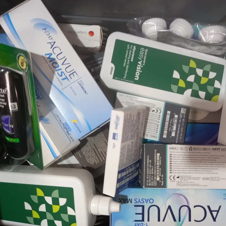 APPROXIMATELY 20 ASSORTED HOUSEHOLD ITEMS TO INCLUDE EYEXPERT CONTACT LENSES, ACUVUE MOIST CONTACT LENSES, ETC