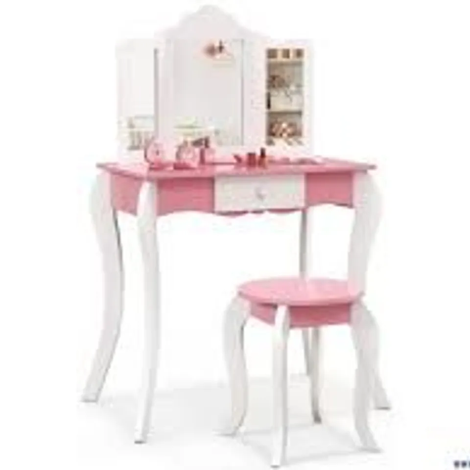 BOXED COSTWAY KIDS VANITY SET WITH 3-PANEL ACRYLIC MIRROR AND STORAGE DRAWER - WHITE