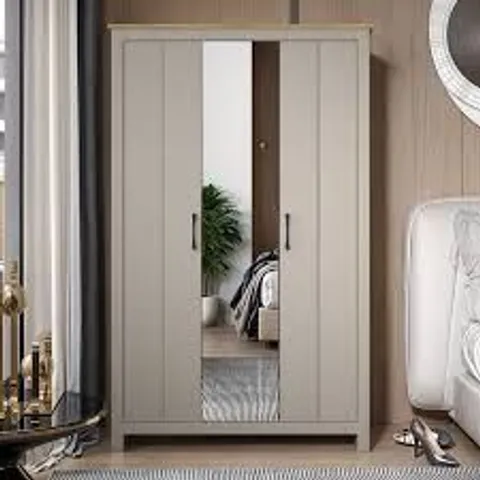 BOXED LIMESTONE BETROS 3 DOOR WARDROBE WITH MIRROR (2 BOXES)