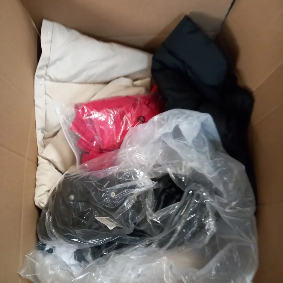 BOX OF ASSORTED CLOTHING ITEMS TOO INCLUDE JUMPERS, SHIRTS AND TROUSERS IN VARIOUS SIZES AND COLOURS   