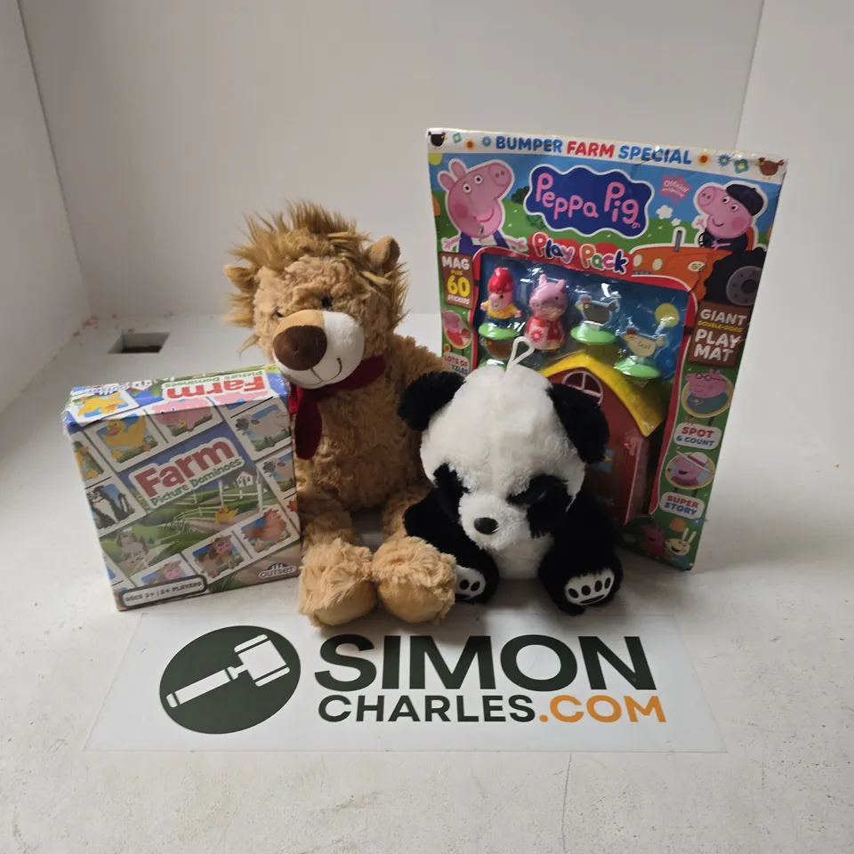 APPROXIMATELY 25 ASSORTED TOYS, GAMES, GIFTS AND NOVELTIES TO INCLUDE PEPPA PIG PLAY PACK, FARM PICTURES DOMINOS, PLUSHES, ETC - COLLECTION ONLY