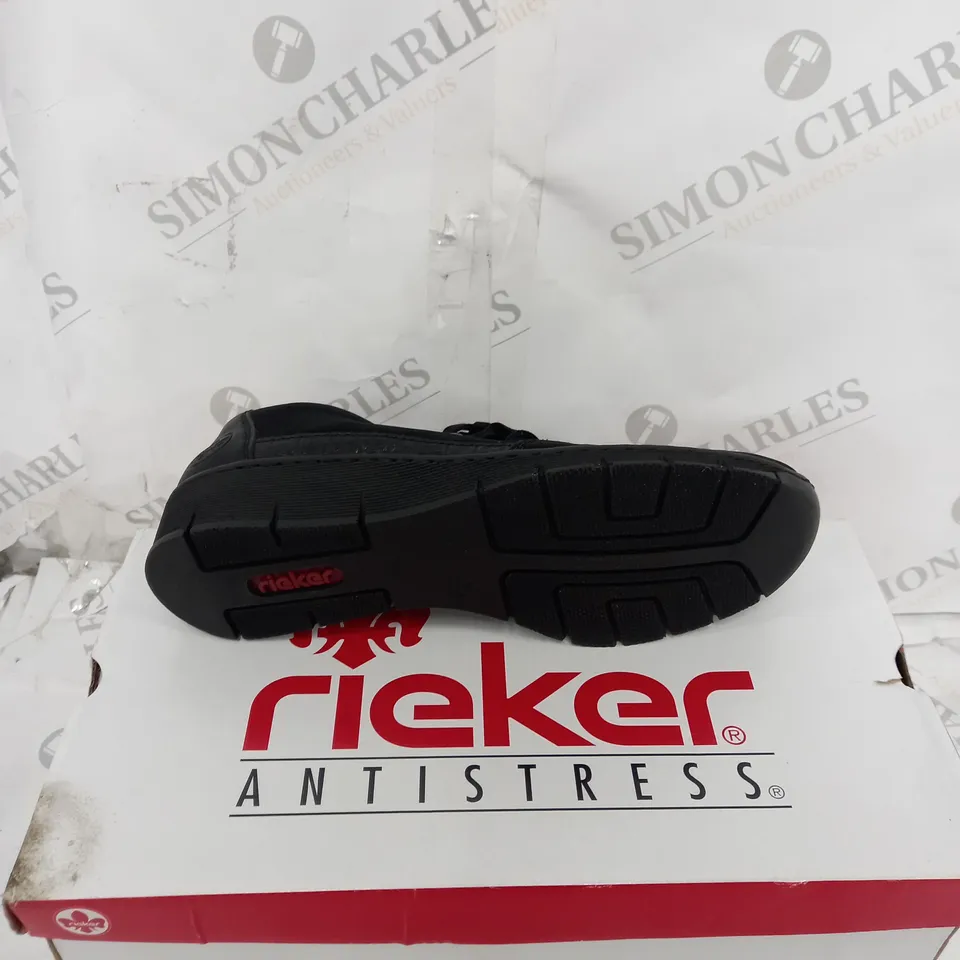 BOXED PAIR OF RIEKER WEDGE TRAINERS WITH SIDE ZIPS - BLACK - SIZE 6