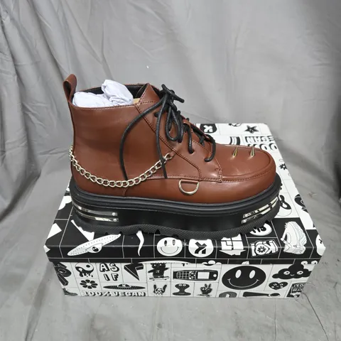 BOXED PAIR OF KOI THE SILENCE PLATFORM GRUNGE BOOTS IN BROWN - UK 7