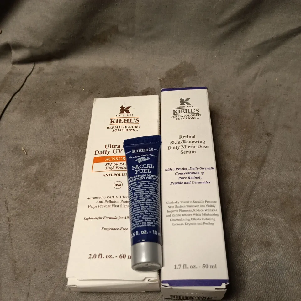 3 X KIEHLS ITEMS TO INCLUDE: ULTRA LIGHT DAILY UV DEFENCE + RETINOL SKIN DAILY MICRO DOSE SERUM ETC