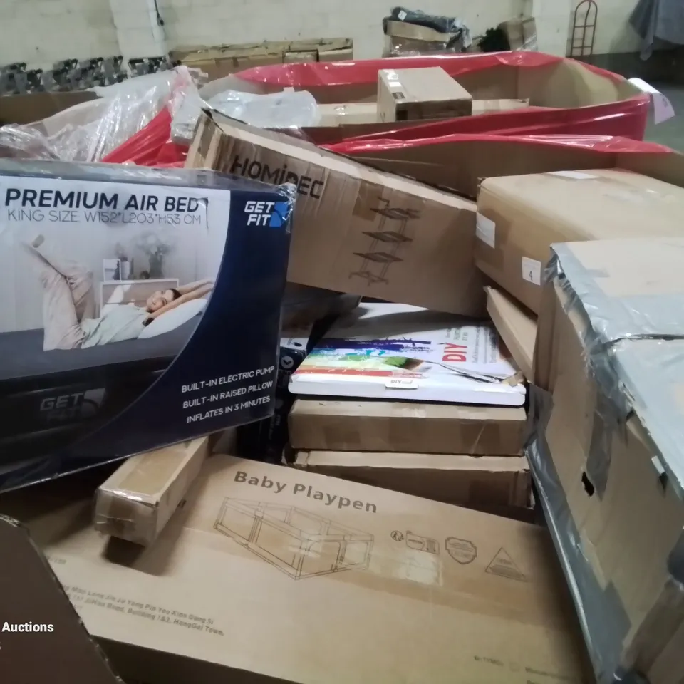 PALLET CONTAINING VARIOUS ASSORTED ITEMS TO INCLUDE: CLOTHES DRYING RACK, BABY PLAYPEN, PREMIUM AIR BED, TOILET SEATS AND LOTS MORE UNMARKED BOXED ITEMS 