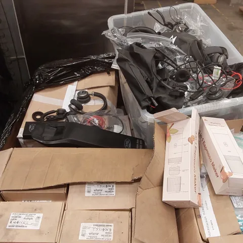 PALLET CONTAINING A LARGE ASSORTMENT OF OFFICE SUPPLIES INCLUDING: HEADSETS, PORTABLE ESPRESSO MAKERS,  FIBER OPTIC PATCH CORDS ECT