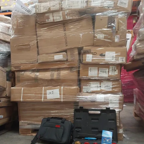 PALLET CONTAINING VARIOUS ASSORTED BOXED ITEMS TO INCLUDE, PIPE BENDING KIT, CARRY CASE, WALL PAPER ROLLS, DEEP FAT FRYERS AND LOTS MORE UNMARKED BOXED ITEMS 