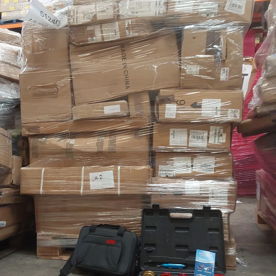 PALLET CONTAINING VARIOUS ASSORTED BOXED ITEMS TO INCLUDE, PIPE BENDING KIT, CARRY CASE, WALL PAPER ROLLS, DEEP FAT FRYERS AND LOTS MORE UNMARKED BOXED ITEMS 