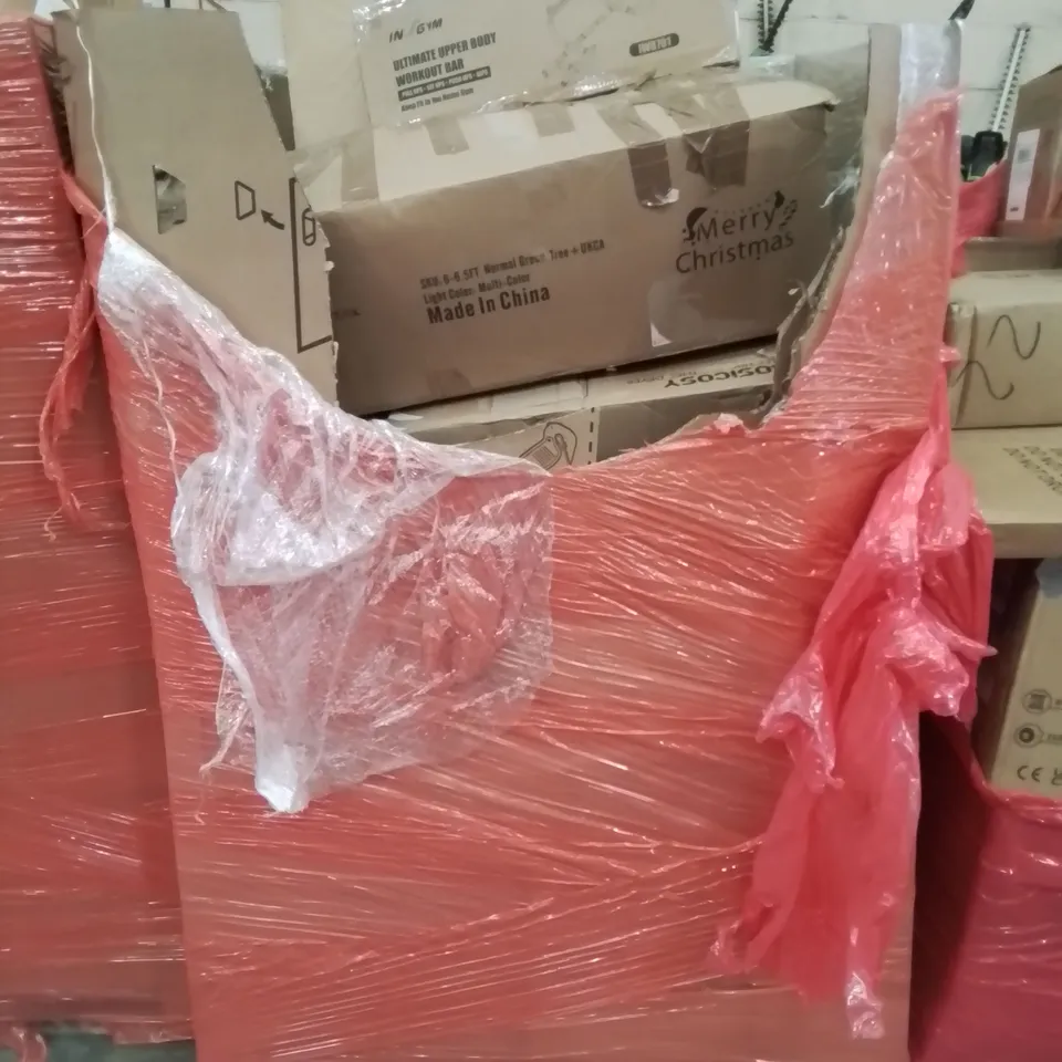 PALLET CONTAINING VARIOUS ASSORTED BOXED HOUSEHOLD ITEMS TO INCLUDE: CHRISTMAS TREES, ULTIMATE UPPER BODY WORKOUT MACHINE AND LOTS MORE UNMARKED BOXED ITEMS 