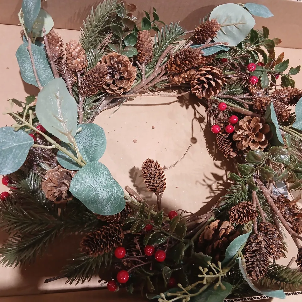 TWO GISELA GRAHAM LONDON PINE CONE AND BERRIES CHRISTMAS WREATHS
