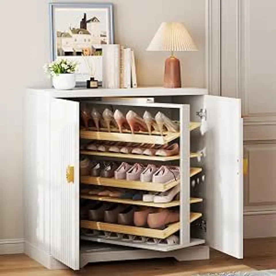 BOXED 6-TIER ROTATING SHOE ORGANIZER CABINET WITH DOORS AND SHELVES - WHITE