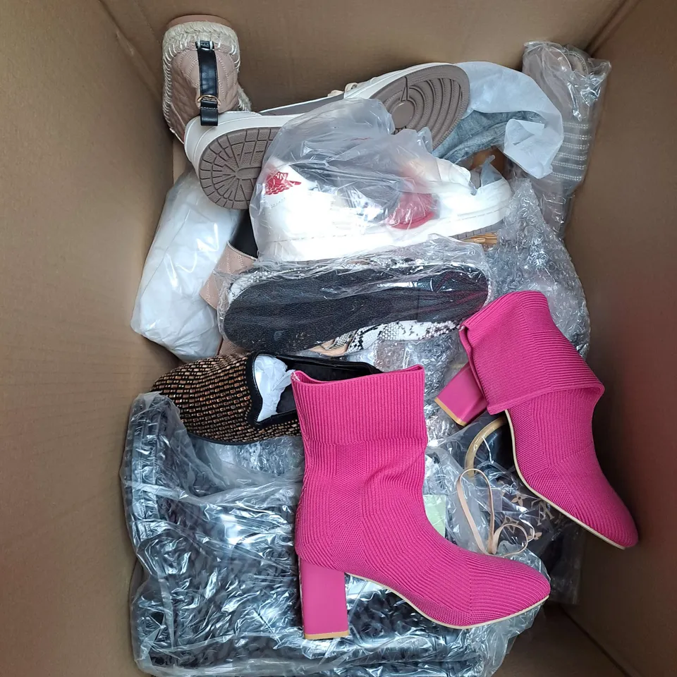 BOX OF APPROXIMATELY 15 PAIRS OF SHOES TO INCLUDE - TRAINERS, BOOTS, HEELS ETC