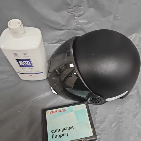 BOX OF ASSORTED ITEMS  TO INCLUDE  - BIKE HELMET - AUTO GLYM - TOYOTA WHEEL NUTS 