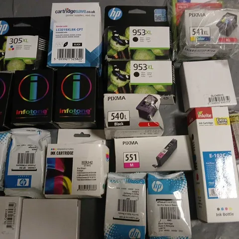 LOT OF ASSORTED PRINTER INK CARTRIDGES TO INCLUDE HP, PIXMA AND INFOTONE