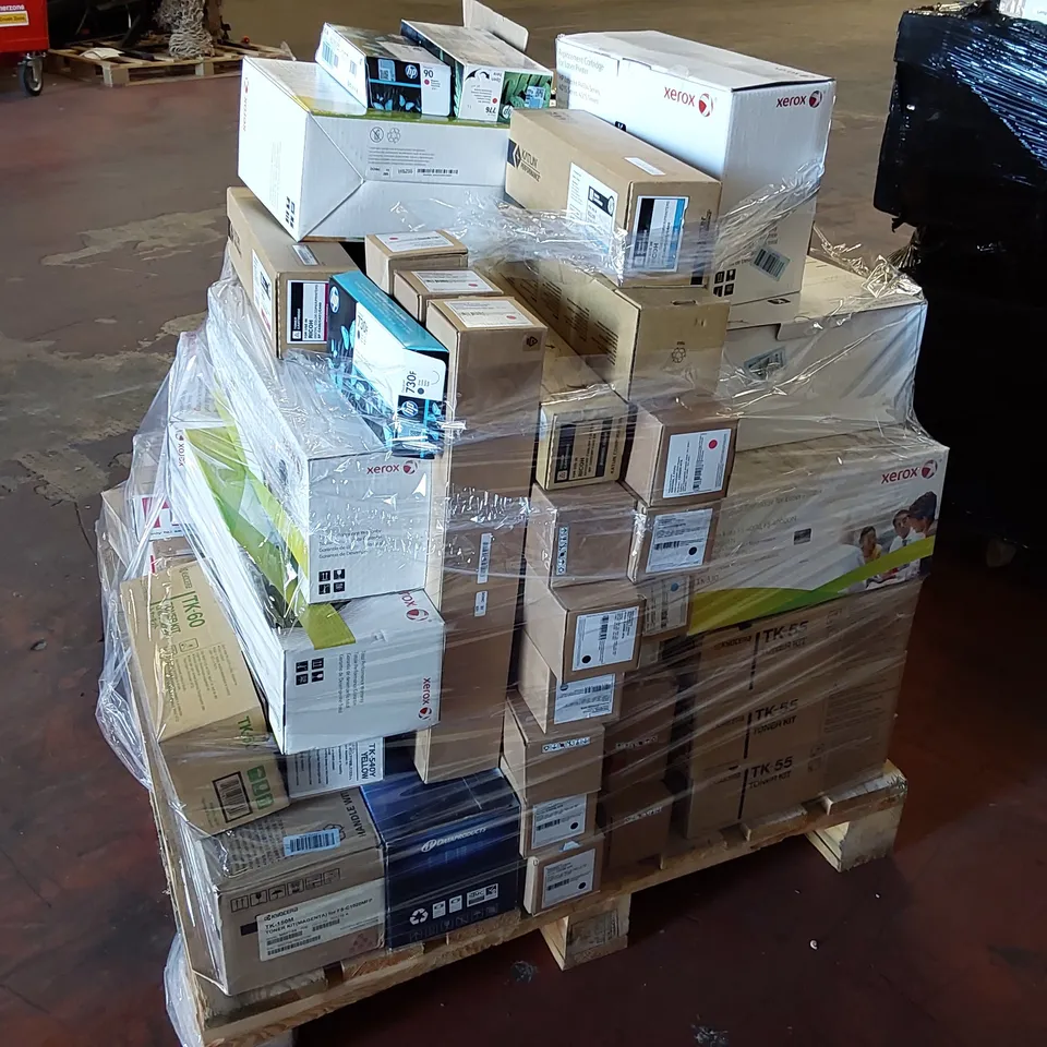 PALLET OF APPROXIMATELY 70X BOXES OF BRAND NEW ASSORTED PRINTER CARTRIDGES FROM BRANDS INCLUDING; HP, XEROX, PANASONIC, CANON, KATUN, DATAPRODUCTS ECT AND 11 ROLLS OF PREMIUM PRINTER WAX