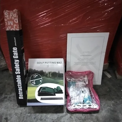 PALLET OF HOUSEHOLD ITEMS TO INCLUDE RETRACTABLE SAFETY GATE, GOLF PUTTING MAT, ROLLER SKATES AND OTHER ASSORTED ITEMS....