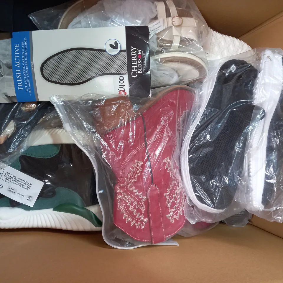 BOX OF APPROXIMATELY 15 ASSORTED PAIRS OF SHOES AND FOOTWEAR ITEMS IN VARIOUS STYLES AND SIZES TO INCLUDE DUO MEI ZU YUAN, STQ KIDS, ETC