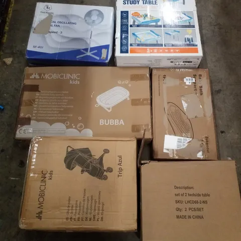 PALLET CONTAINING ASSORTED PRODUCTS INCLUDING MOBICLINIC STROLLER, BEDSIDE TABLES, FOLDABLE BABY BATHTUB, BUILDING BLOCK STUDY TABLE & ELECTRICAL OSCILLATING PEDESTAL FAN 