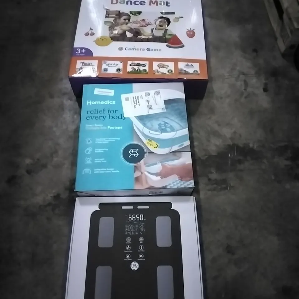 PALLET OF HOUSEHOLD ITEMS TO INCLUDE DANCE MAT, FOOTSPA,SCALES AND OTHER ASSORTED ITEMS...