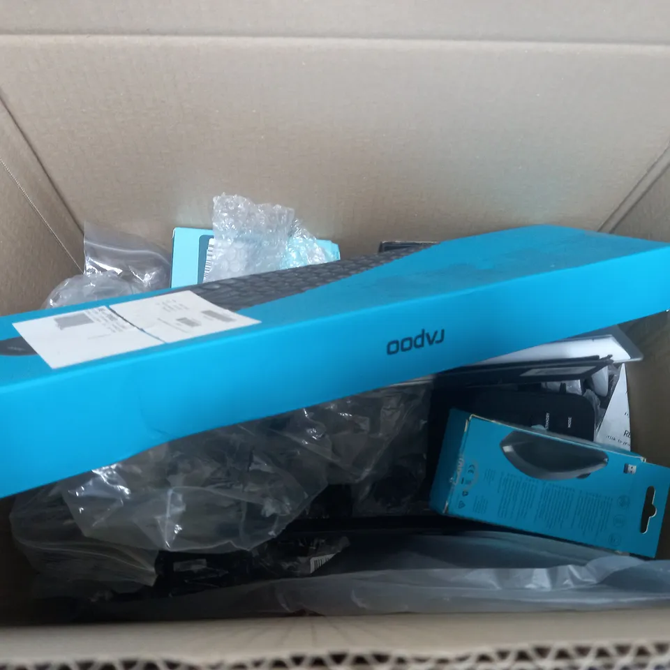 BOX OF APPROX. 12 ASSORTED ITEMS TO INCLUDE - RAPOO X1800S KEYBOARD - TP LINK AC1300 - KITSOUND CUBE DAB ECT