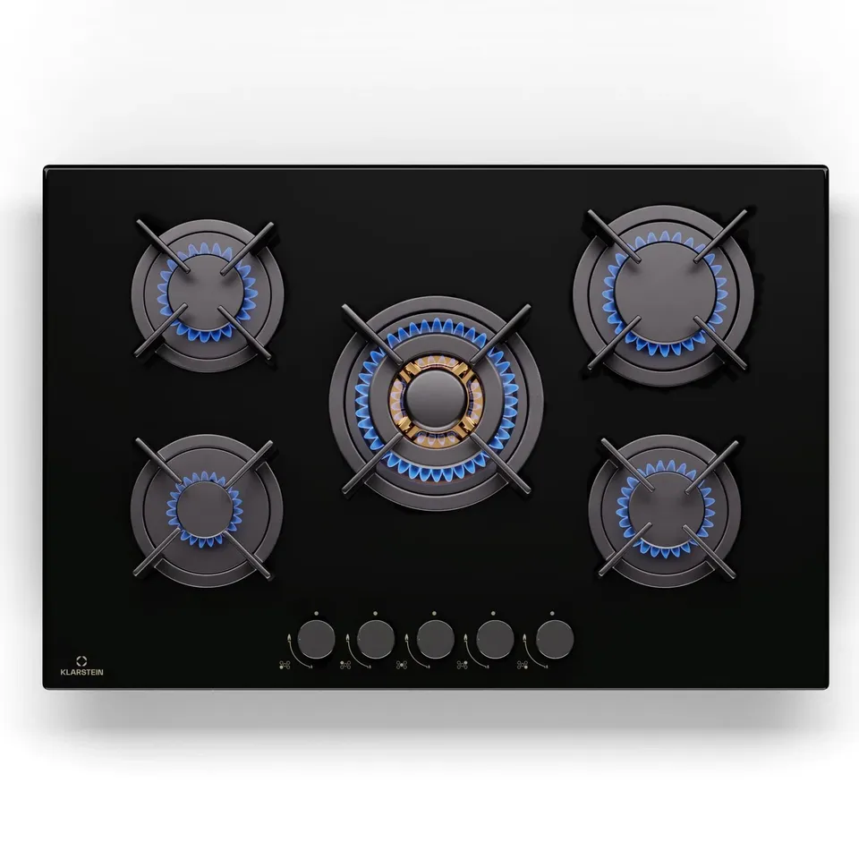 GAS HOB 70 CM 5 BURNERS BUILT-IN COOKTOP GAS COOKER GLASS CERAMIC SURFACE BLACK