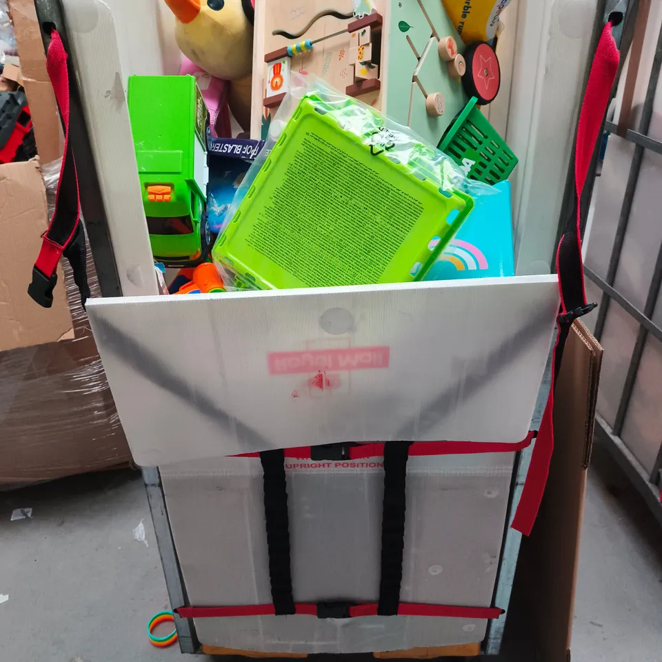 CAGE CONTAINING A LARGE QUANTITY OF KIDS TOYS AND GAMES TO INCLUDE REMOTE CONTROL CARS , MARBLE MOUNTAIN , BLUEY TOYS , TOY WASHING MACHINES , ETC 