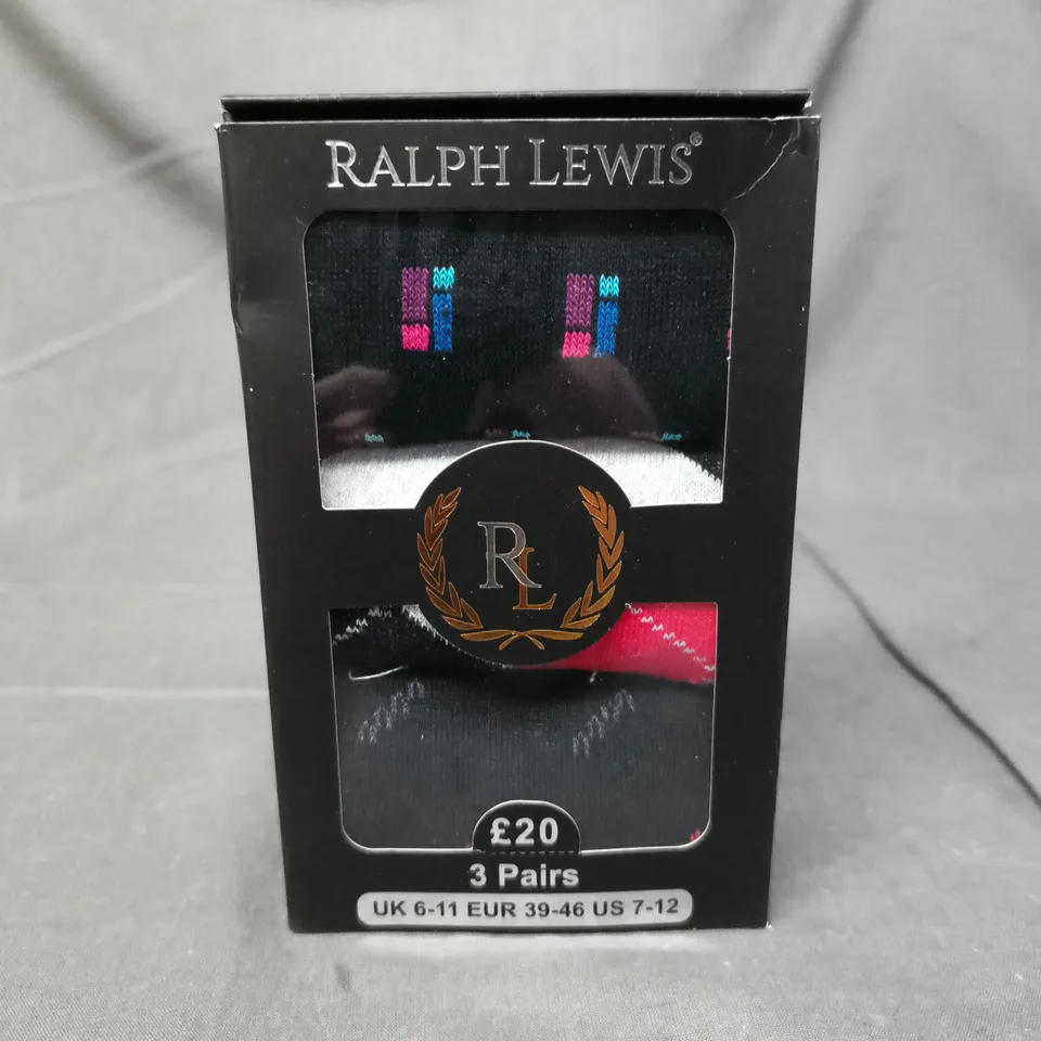 RALPH LEWIS PACK OF 3 ASSORTED PAIRS OF SOCKS IN VARIOUS PATTERNS AND COLOURS SIZE 6-11