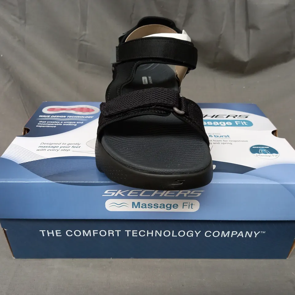 BOXED PAIR OF SKECHERS GO WALK MASSGE FIT SANDALS IN BLACK UK SIZE 12