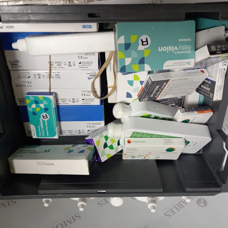 BOX TO CONTAIN APPROX. 30 X ASSORTED VISION CARE PRODUCTS. INCLUDES PACKS OF CONTACT LENSES, CONTACT LENSE CLEANING SOLUTION ETC. BRANDS VARY - COLLECTION ONLY