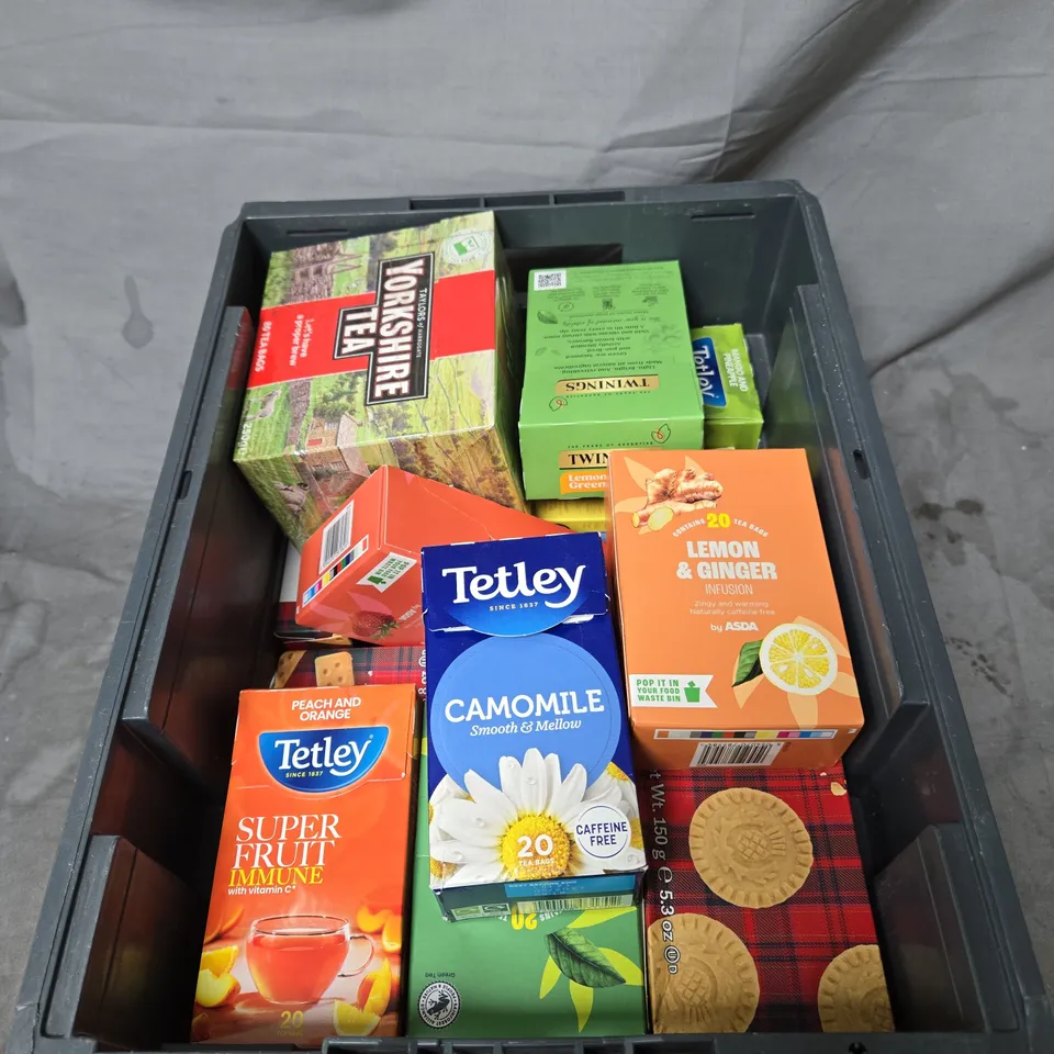 APPROXIMATELY 15 ASSORTED ITEMS OF FOOD AND DRINK INCLUDING WALKERS SHORTBREAD THISTLE ROUNDS, YORKSHIRE TEA, ASDA LEMON AND GINGER TEA AND TETLEY CAMOMILE