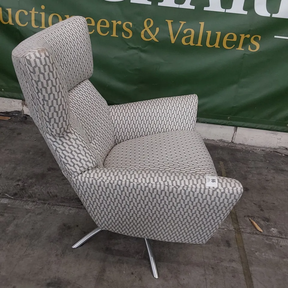 QUALITY BRITISH DESIGNER LOUNGE Co. JACOB UPHOLSTERED SWIVEL CHAIR ON STAR BASE GEOMETRIC GREY/BEIGE FABRIC 