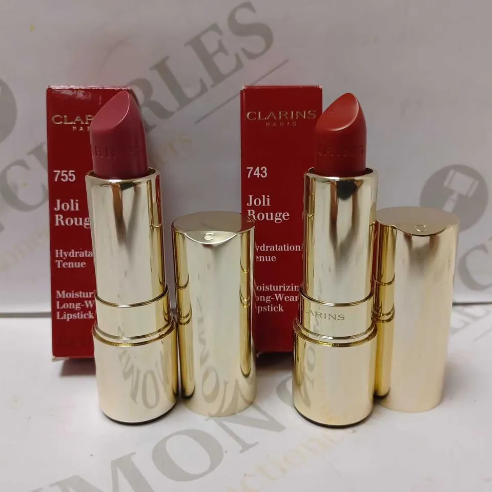 LOT OF 3 ASSORTED CLARINS JOLI ROUGE MOISTURIZING LIPSTICKS - #755 LITCHI & 2 X #743 CHERRY RED 