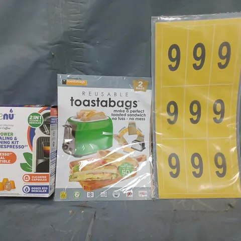 APPROXIMATELY 10 ASSORTED HOUSEHOLD ITEMS TO INCLUDE REUSABLE TOASTABAGS, DESCALING & CLEANING KIT FOR NESPRESSO, ETC