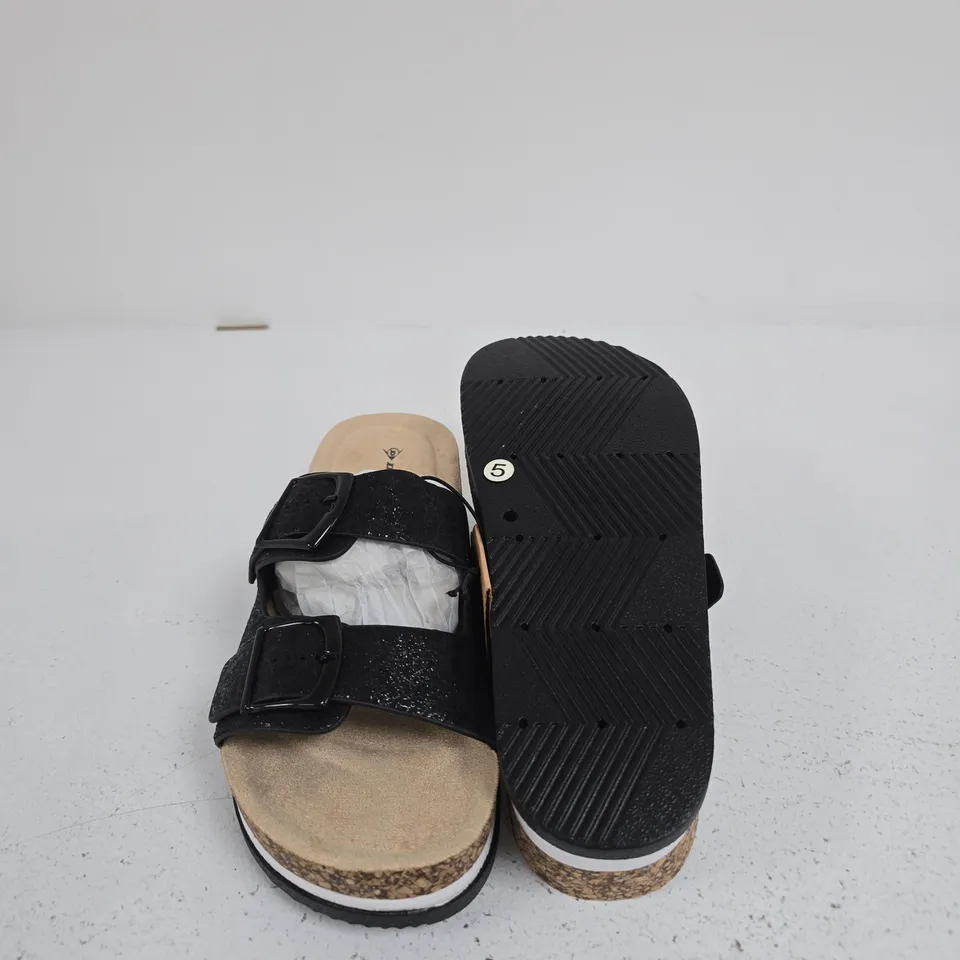 DUNLOP DOUBLE-STRAP SANDALS, BLACK, CORK FOOTBED – UK 5