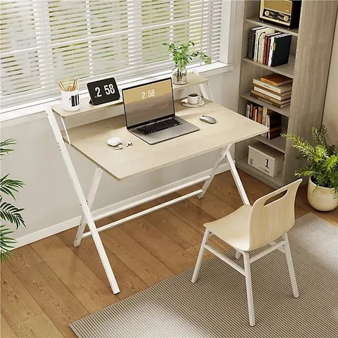 BOXED YAHEETECH LIGHT NATURAL WOOD 2 TIER FOLDABLE COMPUTER DESK WITH MONITOR SHELF (1 BOX)