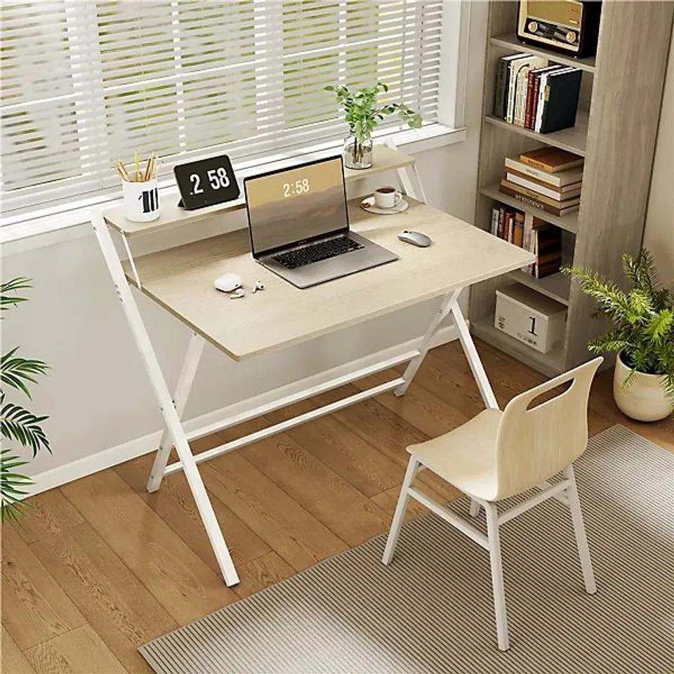 BOXED YAHEETECH LIGHT NATURAL WOOD 2 TIER FOLDABLE COMPUTER DESK WITH MONITOR SHELF (1 BOX)