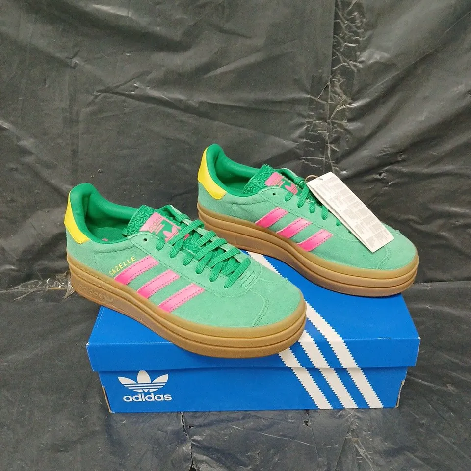 BOXED PAIR OF ADIDAS GAZELLE BOLD GREEN/PINK UK 6