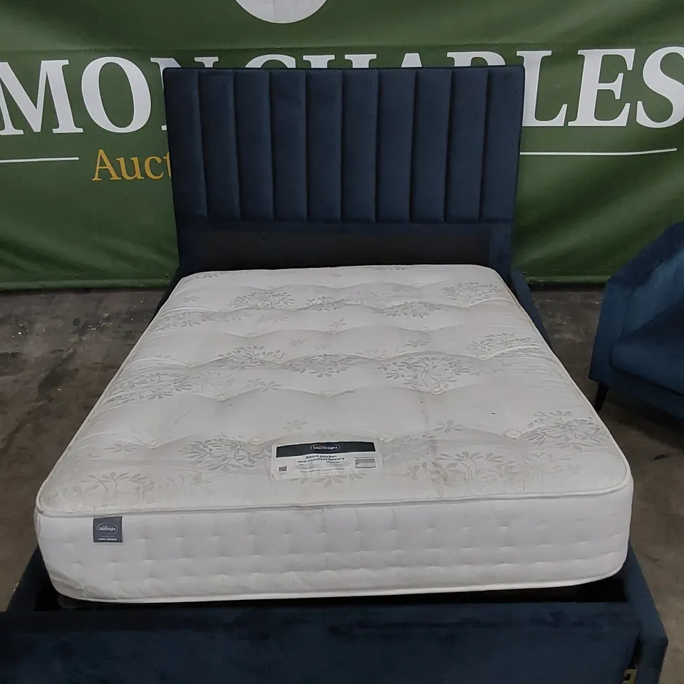 DESIGNER KING SIZE BED WITH MATTRESS IN ROYAL BLUE WITH MATCHING CHAIR