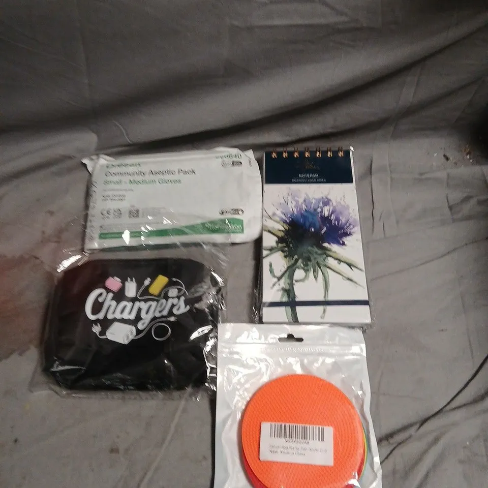 APPROXIMATEY 15 HOUSEHOLD ITEMS TO INCLUDE DRESSING PACK, COLOURFUL FLOOR DOTS AND A NOTEPAD