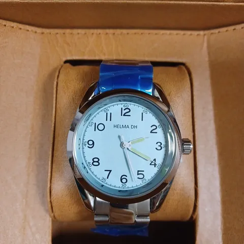 HELMA DH BLUE DIAL SILVER STAINLESS STEEL BRACELET STRAP WRISTWATCH