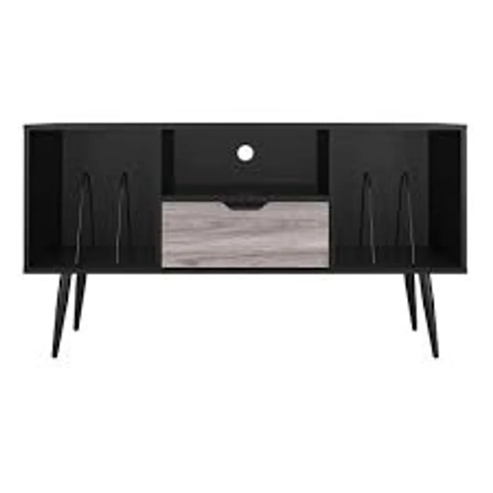 BOXED QUEER EYE COPLEY TRANSITIONAL TV STAND FOR TVS UP TO 55", BLACK OAK