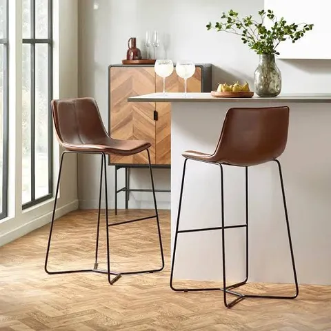 JOREN BARSTOOL WITH BACK - SET OF 2 - TAN BROWN FAUX LEATHER