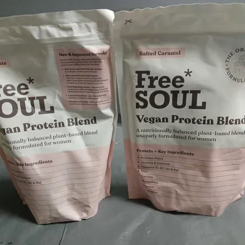 LOT OF 2 600G PACKS OF FREE SOUL VEGAN PROTEIN BLEND - SALTED CARAMEL AND CHOCOLATE