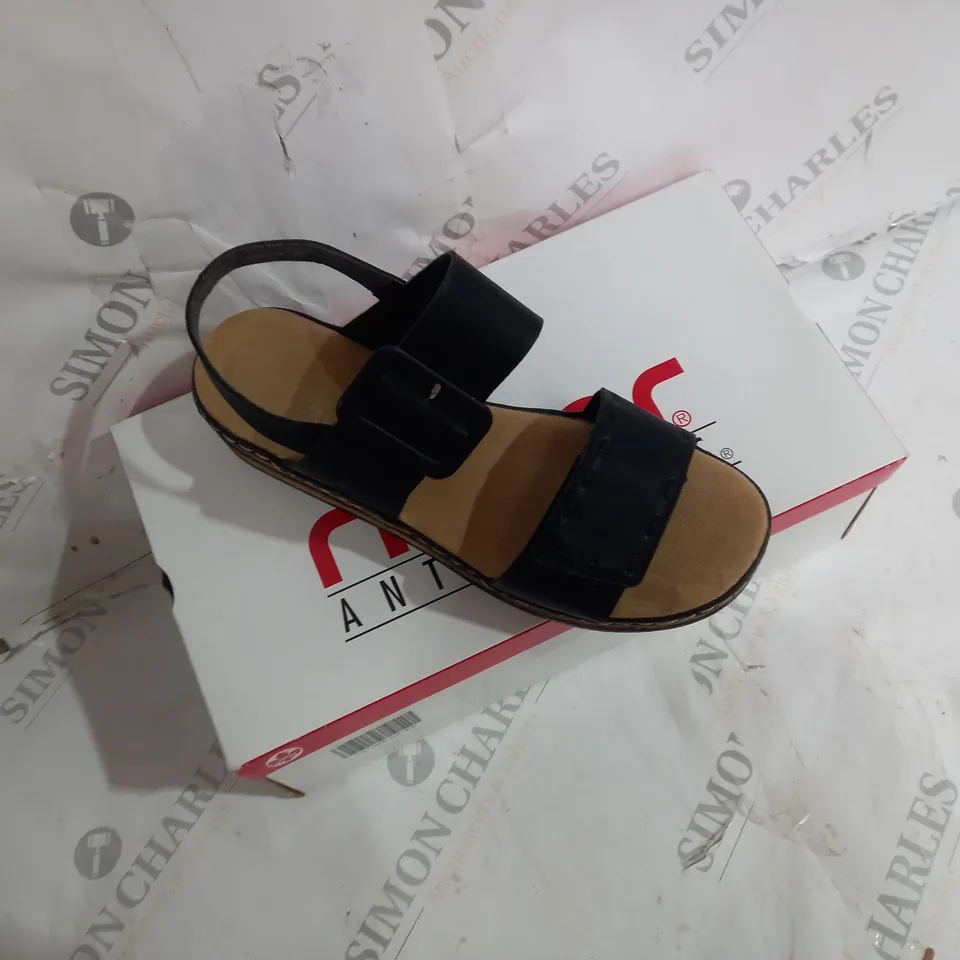 BOXED PAIR OF RIEKER WEDGE SANDALS IN BLACK SIZE 6