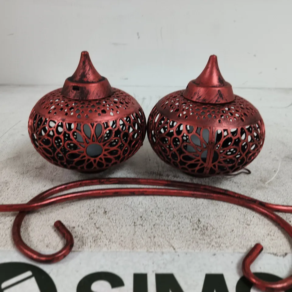 RED METAL LANTERNS, SET OF 2 – DECORATIVE GARDEN ORNAMENTS